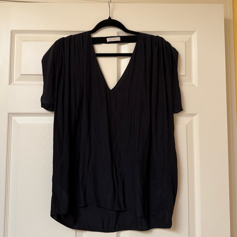Ramy Brook V-Neck Short Sleeve Blouse in Black